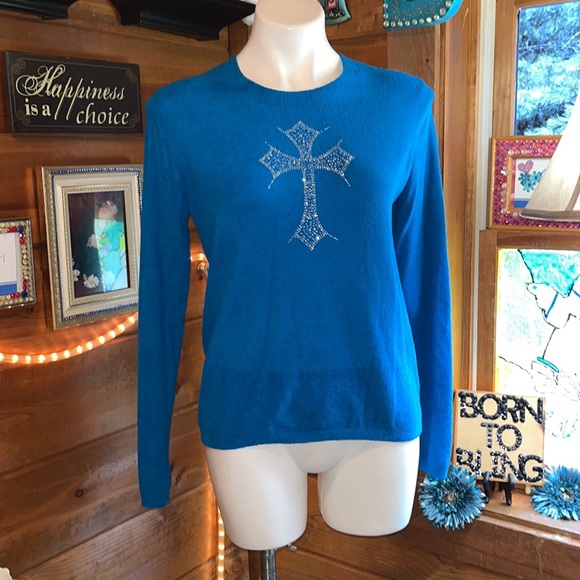 TAYLOR MARCS GORGEOUS TURQUOISE SWEATER CROSS SWAROVSKI SPARKLE DETAIL - Picture 4 of 8